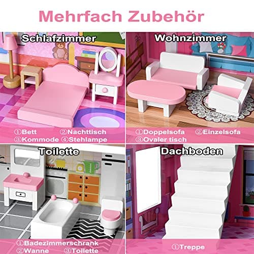 VA-Cerulean Maison de poupée en bois avec meubles, kit de jeu princesse villa de poupée, simulation rose, maison de poupée pour enfants à partir de 3 ans, jeu de puzzle, scénario (type A)