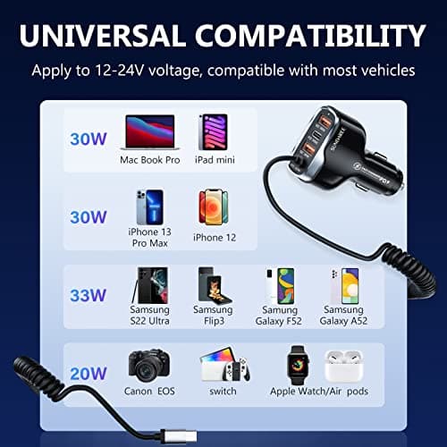 SUNDAREE Chargeur Voiture USB C,60W 4 Multi Port 12V PD QC Type C 1.8M Câble Spiralé Rapide Charge Prise Allume Cigare Automobile Chargeur for Xiaomi Redmi Note 11/Samsung Galaxy A22/iPhone 14/ Honor