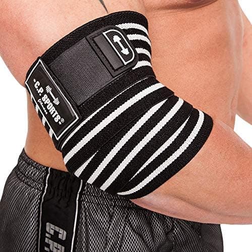 C.P. Sports 1 paire de bandages professionnels pour développé couché, fitness, sport, coudière, bodybuilding, Powerlifting (noir et blanc) 130 cm