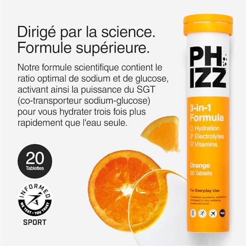 Electrolytes Phizz, Multivitamines & Comprimés d'hydratation - 20 comprimés de réhydratation effervescents - 18 vitamines et minéraux, vitamine C et hypocalorique (60 Comprimés, Orange)