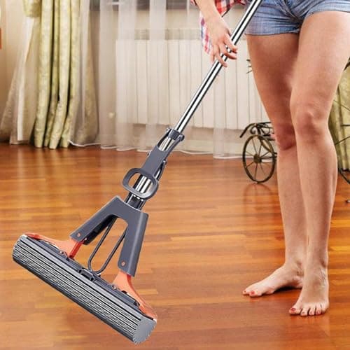 Balai éponge Absorbant, Balai Lave Sol avec 2 éponge PVA absorbante et Réutilisables, Serpillière éponge avec Manche télescopique 110cm, Vadrouille éponge pour Nettoyage de Sol