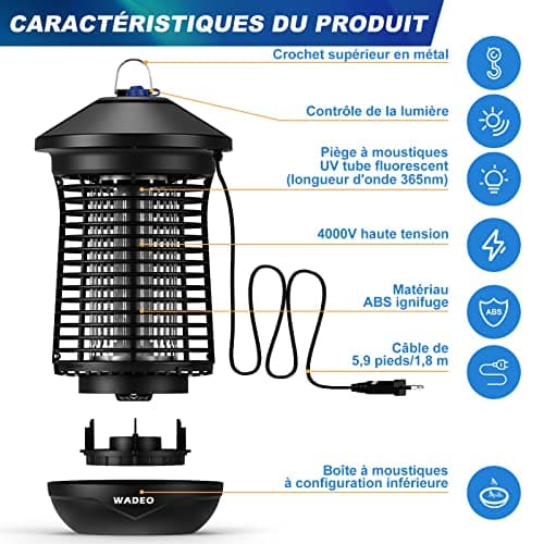 Lampe Anti Moustique avec Capteur de Lumière, WADEO 4000V 20W UV Tueur d'Insectes Électrique Anti Insectes Répulsif, Efficace Portée 100m2 pour Intérieur Extérieur Jardin Terrasse Camping