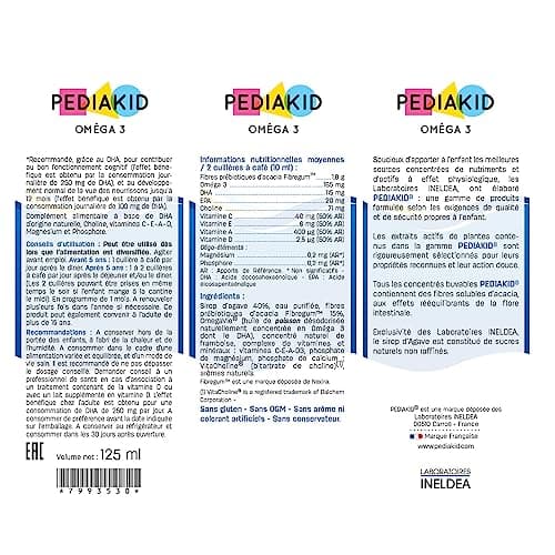 PEDIAKID - Oméga 3 - Complément Alimentaire Naturel - Formule Exclusive au Sirop d'Agave - Riche en DHA - Favorise le Bon Fonctionnement du Cerveau - Goût Citron-Cola - Flacon de 125 ml
