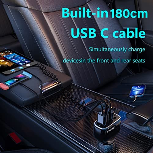 SUNDAREE Chargeur Voiture USB C,60W 4 Multi Port 12V PD QC Type C 1.8M Câble Spiralé Rapide Charge Prise Allume Cigare Automobile Chargeur for Xiaomi Redmi Note 11/Samsung Galaxy A22/iPhone 14/ Honor