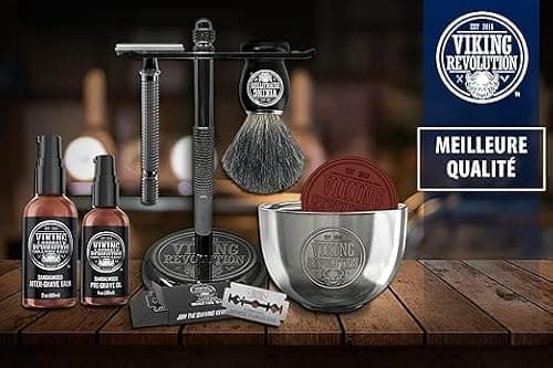 Viking Revolution - Kit Rasage Homme Complet de Luxe - Comprend un Rasoir de Sécurité, un Support, un Bol, un Baume Après-Rasage, une Huile Avant-Rasage & un Blaireau - Cadeau Homme
