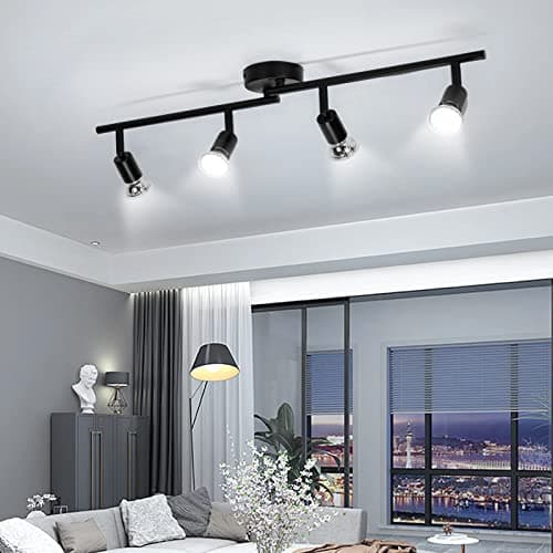 wowatt Plafonnier LED 4 Plafonnier cuisine Incl. 4x 5W Spots GU10 420lm Pivotant Salon Entrée Chambre Blanc froid Plafonnier spot 6000K Noir Moderne Inoxydable