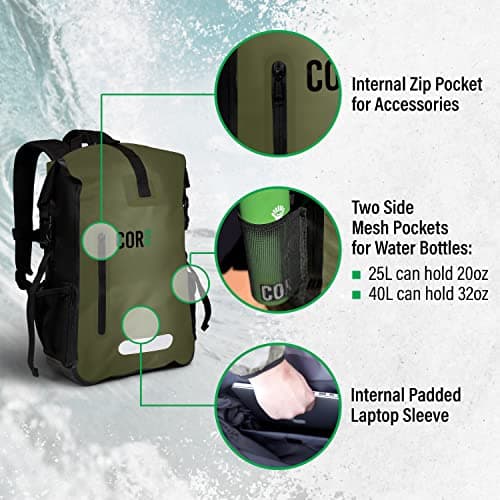 COR Surf Dry Bag Sac Imperméable | Sac à Dos étanche 25 l Avec Protection pour Ordinateur Portable (Vert 25L)