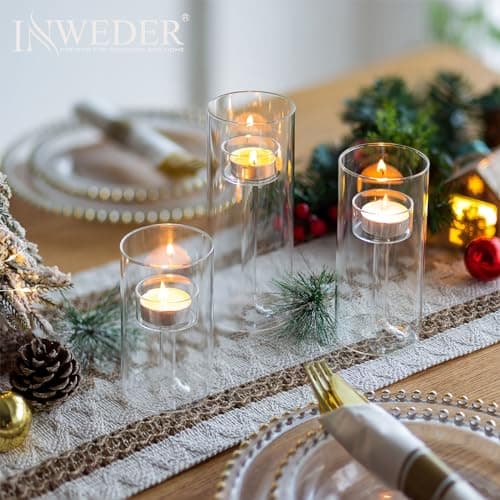Inweder Bougeoir en Verre Lot de 3 Supports pour Bougies Chauffe-plat Bougeoir Décoratif Photophore Verre pour Mariage Fête Centre de Table Décor d'intérieur Convient aux Bougies Chauffe-plat Standard