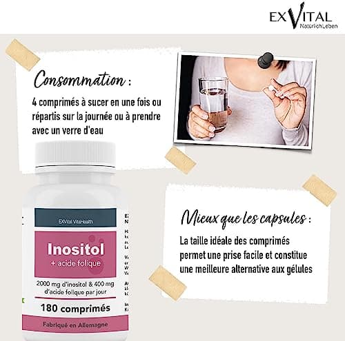 Inositol, idéalement combiné avec de l'acide folique, 180 comprimés, myo-inositol pur, hautement dosé : 2000 mg d'inositol & 400 μg d'acide folique par jour, vitamines B8, végétalien & sans additif