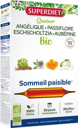 SuperDiet Quator Passiflore Aubépine Angélique Eschoscholzia 20 ampoules de 15ml soit 300ml - BIO