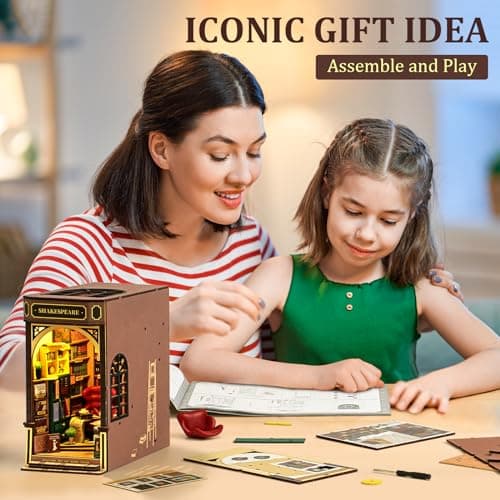 ROBOTIME Book Nook Kit avec Lumières LED, Booknook Puzzle 3D en Bois Livre Décoration de la Chambre Noël Anniversaire Cadeaux pour Filles Femme - Shakespeare's Bookstore
