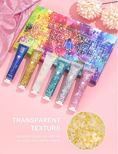JasCherry 6 Bouteilles Gel Paillettes pour Corps, Sparkling Chunky Sirène Paillettes Fard à Paupières, Gel Scintillant Visage de Longue Durée pour Yeux, Cheveux, Ongles, Maquillage et Festivals