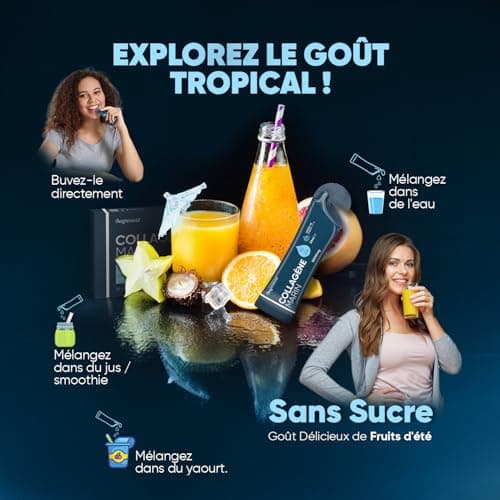 Collagène Marin Hydrolysé Liquide 5000mg/Dose + Acide Hyaluronique & Vitamine C - Immunité, Beauté, Peau & Articulations - Collagène Marin Peptide Type 1 Goût Fruité 420ml (14 Sachets x 30ml)