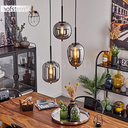 Suspension Verbania en verre chromé et métal noir, élégante lampe pendante moderne idéale dans un salon contemporain, hauteur max. 128 cm, pour 3 ampoules E14, ampoule(s) non incluse(s)