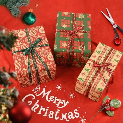 AhfuLife Papier Cadeau Noël Gros Rouleau 60CM×6.5M, 3 Rouleau Grande Longueur Papier Kraft Noël avec Jolis Motifs de Flocon de Neige - Arbre de Noël - Cloches Rounge Pour Emballage Géant Cadeau Noël