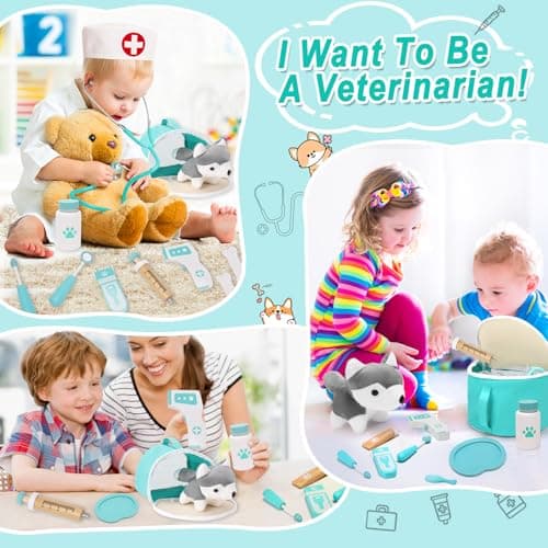 TGTT Castle Malette Docteur Enfant, Vétérinaire Enfant en Bois, Malette Docteur avec Chien la Peluche, Docteur avec Robe de Médecin et Chapeau, pour Fille Garcon 3+ Ans
