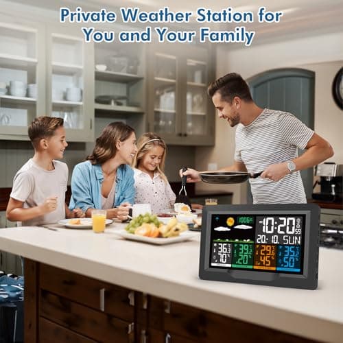 Qxmcov Station Météo sans Fil avec 3 Capteurs, Thermomètre Hygromètre Numériques Intérieure/Extérieure, Ecran LCD Couleur, avec Calendrier l'horloge Réveil Snooze Prévisions Température Humidité