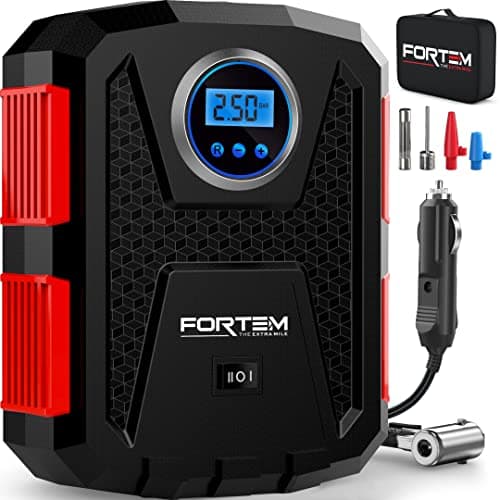 FORTEM Gonfleur Pneus Voiture, Compresseur à Air, Pompe à Vélo, Compresseur Voiture Électrique 12V – Compresseur Portatif Vélos avec Lumière LED, Jauge Numérique et Pompe/Arrêt Automatique (Rouge)