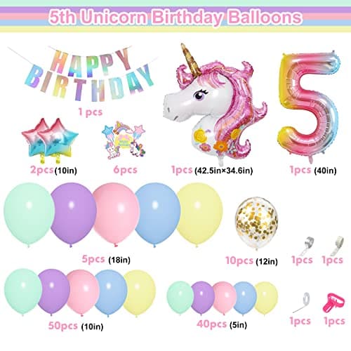 5 Ans Licorne Ballons Arche Anniversaire Décorations Fille, 120 Pièces Kit Pastel Ballon avec 3D Licorne Macaron Rose Violet Latex Confetti Numéro 5 Ballons Joyeux Anniversaire Bannière Cake Toppers