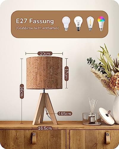 EDISHINE Lampe de Chevet en Bois, E27 Douille, Trépied Vintage, Ampoule Incluse, 36 x 20 x 20 cm, Lampe de Table Moderne pour Chambre à Coucher, Salon, Hôtel, Abat-jour en Lin Gris