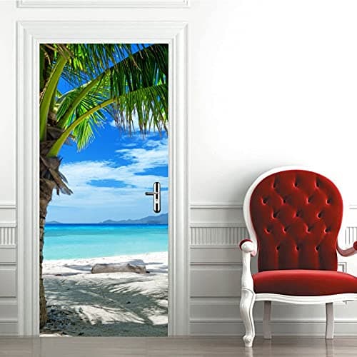 A.Monamour Sticker Porte Autocollant Poster De Porte 3D Cocotier Tropical Plage De Sable Bleu Mer Nature Paysage Vinyle Affiche De Porte Sticker Mural Papier Peint Art Décor 77 x 200 cm