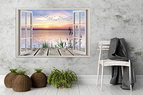 Feeby Image Panneau Déco Fenêtre Vue 3D 90x60 cm 1 pièce Tableaux Tableau Mural Image Moderne Décoration Murale Artistique Photographie Cuisine Salon Chambre à Coucher Nature Bleu