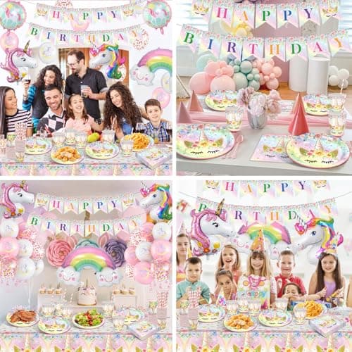 YEJIKJ Arc-en-ciel Ballon Licorne Decoration Fille, Vaisselle fête Kit Assiettes Gobelets Licorne Ballon, Decoration Anniversaire Licorne Kit pour Party Fête Anniversaire Fête Décorations (16 Invités