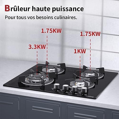 Plaque de Cuisson Gaz 4 feuxs, Plaque Gaz 4 feux, Plaque à Gaz - Cuisinière Encastrable - Gaz ville et bouteille (4 Brûleurs - verre)