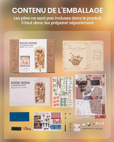 ROBOTIME Book Nook Coin Floral avec Lumières LED, Booknook Maison Miniature a Construire, Nook Book Kit Bibliothèque, Cadeaux pour Adultes et Enfants