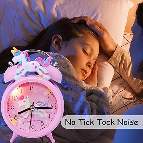 TCJJ RéVeil Licorne pour Filles, RéVeil sans Tic-Tac pour Enfants Filles, RéVeil Silencieux Rose De Chevet, Horloge Classique à Double Cloche avec RéTroéClairage, Convient pour Les Cadeaux Scolaires