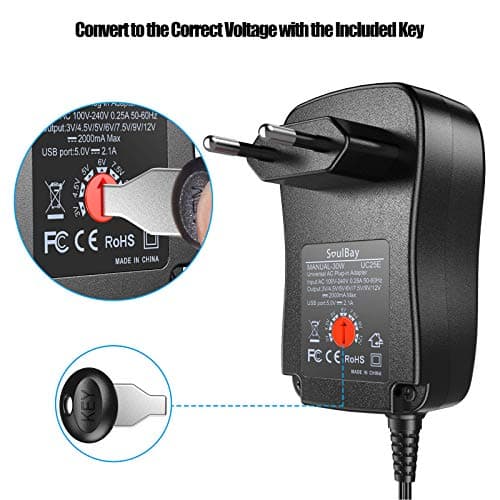 SoulBay 30W Adaptateur Universel Polarité Inversée Bloc d'alimentation Transformateur avec 9 Embouts sélectionnables, pour 3V, 4.5V, 5V, 6V, 7.5V, 9V, 12V Electronique Domestique - 2A Max