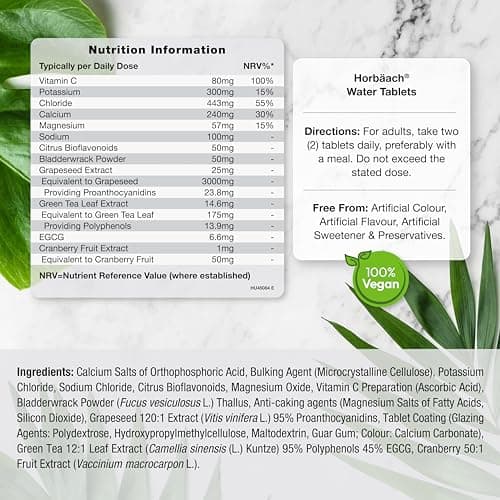 Retention D'Eau Drainant Puissant | 120 Comprimés Vegan | Electrolyte Complex Avec Magnésium Thé Vert et Fucus | Water Balance Supplements | par Horbaach