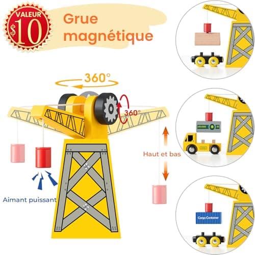 Tiny Land 55 Pcs Circuit Train en Bois, Train Enfant with Grue, Train et Piste Compatible avec Brio Compatible avec Thomas et Grandes Marques Mainstream, Train Jouet pour Enfants 2~5 Ans