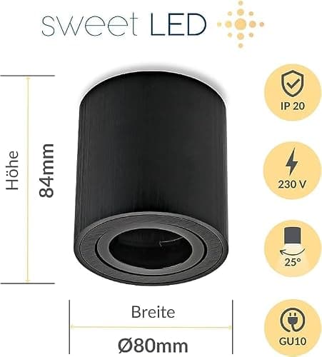 Sweet Led Lot de 2 Cadres de Montage GU10 Rond-Carré, Spot de Montage en Aluminium Brossé, Luminaire Sous-Meuble en Aluminium (Rond-Noir)