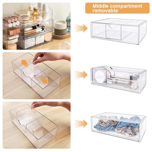 DoocliB Lot de 3 tiroirs de rangement empilables en acrylique pour salle de bain,boîte de rangement compacte en plastique pour maquillage ou cosmétiques, boîte à bijoux empilable, transparent