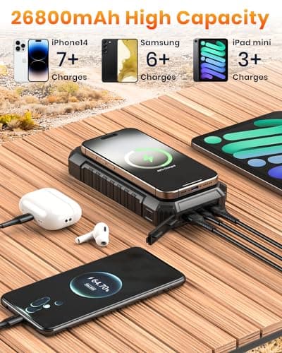 Riapow Chargeur Solaire 26800mah, Batterie Externe sans Fil 3 Sorties USB C Charge Rapide Qi Chargeur Portable Solaire avec Lampe de Poche LED pour Smartphones, Tablette et Camping (Noir)