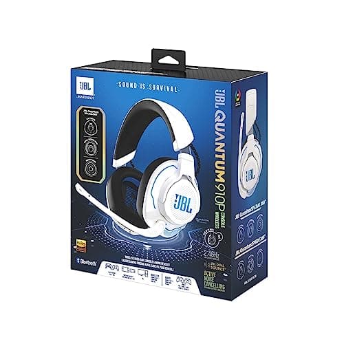 JBL Quantum 910P, Casque gaming sans fil bluetooth pour consoles, Réduction de bruit et son signature Quantum JBL, 39h d'autonomie, Blanc