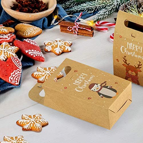12 Pièces Boîtes Cadeau de Noël en Papier Kraft, Boite Cadeau Noel Vide, avec le père Noël, le Wapiti, le Bonhomme de Neige, le Motif de Pingouin, pour les Cadeaux de Bonbons de Fête de Noël