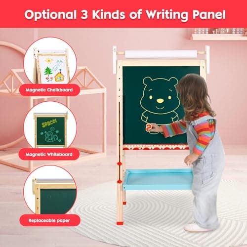 Chevalet Peinture Enfant,Tableau Double Face Tableau Blanc et Noir en Bois et Hauteur Réglable,Chevalet Pour Enfant avec Chiffres et Autres Accessoires Jouets Éducatifs Cadeaux Enfants 2 à 8 Ans