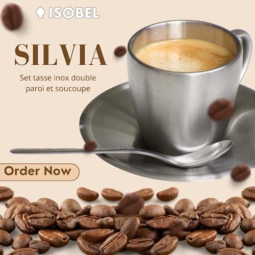 ISOBEL - SILVIA16 Set Tasse Inox + Soucoupe 16cl - Finition Mate, Double Paroi, Incassable, Lave-Vaisselle, Idéal Maison et Professionnel