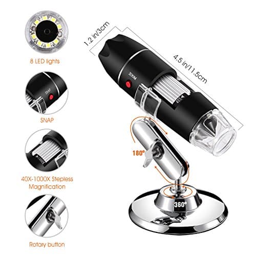 Microscope numérique USB, endoscope de grossissement 40X-1000X Portable Bysameyee, Microscope Digital 8 LED pour Windows 7/8/10 Mac Linux sous Android (avec OTG)