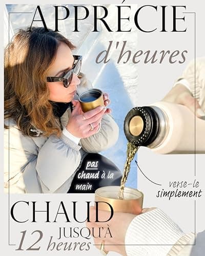 MAMEIDO Bouteille Isotherme 1l avec Mug en Acier inox, Gourde Isotherme 1l chaude 12h, Thermos 1l étanche 100% sans BPA, café et thé pour la route (Taupe Grey Gold, 1000ml)