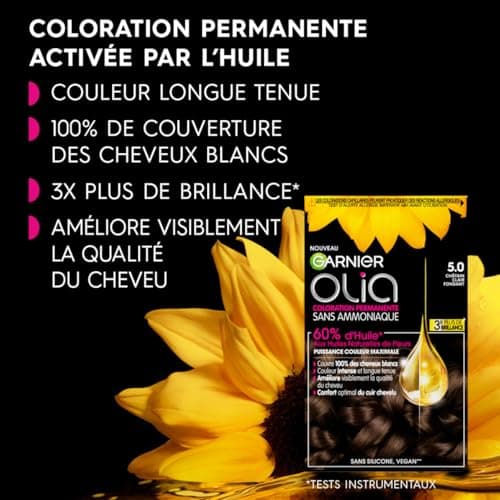 Garnier Coloration Permanente - Sans Ammoniaque - Aux Huiles Naturelles de Fleurs - Châtain Clair Fondant (5.0) - Olia