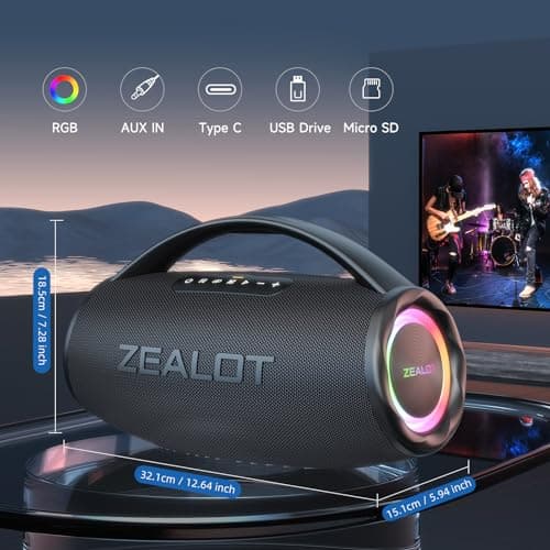ZEALOT Enceinte Bluetooth, 80W Haut - Parleur Bluetooth avec Boost Bass, étanche ipx6, lumière LED, Banque d'alimentation, Bluetooth 5.2, extérieur, Camping Haut - Parleur Bluetooth