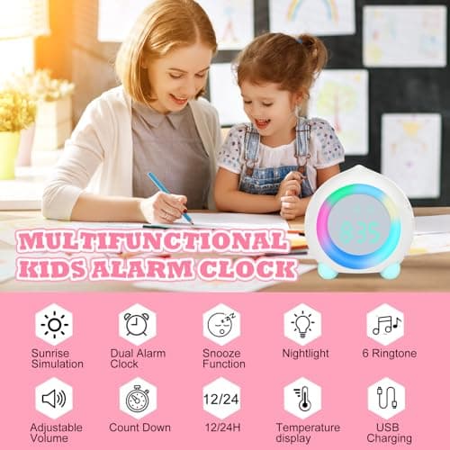 Ayybboo Réveil Enfant Lumineux LED Numerique Lampe Réveil Veilleuse Fille Garcons Jour Nuit Enfant Volume Réglable Snooze Réveil en USB Charge(Blanc)