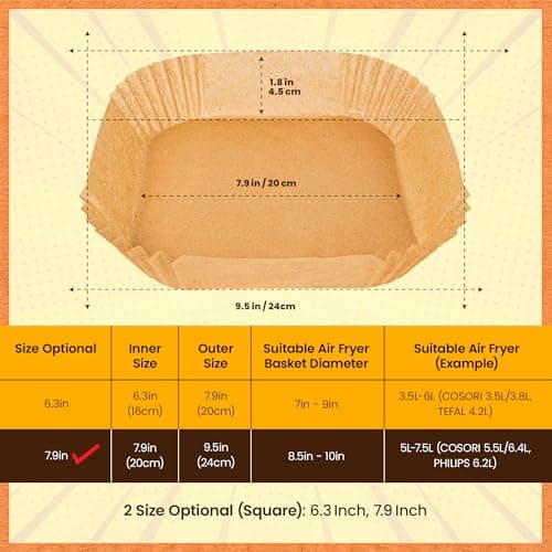 PORTENTUM Papier cuisson air fryer - 100 pièces Food-Grade BPA gratuit, 20 x 20 cm, pour friteuse sans huile 5 à 8 litres - Idéal pour la cuisson saine