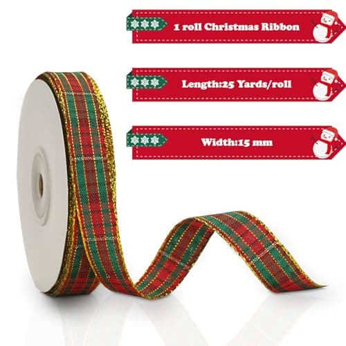 G2PLUS 25 Yards Ruban de Noël 15mm Ruban à Carreaux Rouge et Vert avec Bord Doré Ruban Décoratif pour Emballage Cadeau,Artisanat Décoration D'arbre de Noël