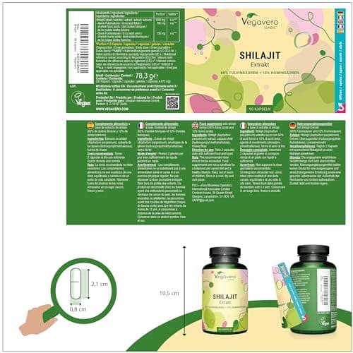 Shilajit Pure 78.000 mg Vegavero® | Extrait 60:1 | 60% Acides Fulviques + 12% Humiques | Résine de l'Himalaya | Energie + Immunité + Antioxydant | 90 Gélules | VEGAN & Sans Additifs
