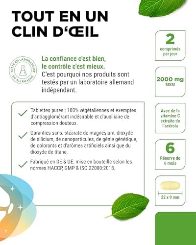 MSM 2000mg - 365 Comprimés - Avec Vitamine C Naturelle d'Acérola - Sans Additifs - 6 mois d'approvisionnement - Hautement Dosé - Vegan