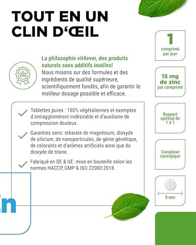 Complexe Zinc 15mg - 365 Comprimés - Avec 3 formes bioactives de zinc (bisglycinate de zinc, gluconate de zinc, citrate de zinc) - 1 an d'approvisionnement - Hautement dosé - Vegan
